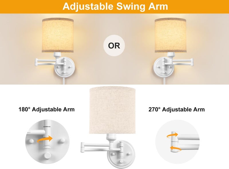 GOODATE Plug in Wall Sconces with Remote Control, Dimming, Adjustable Colors 2700K-6500K, Hardwire or Plug-in, Swing Arm Wall Lamp with Linen Fabric Shade, Wall Sconces Set of Two, White Finish - Image 4